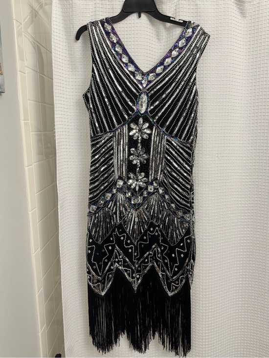 Dresses & Skirts - Black Beaded Fringe V-Neck Sleeveless Dress